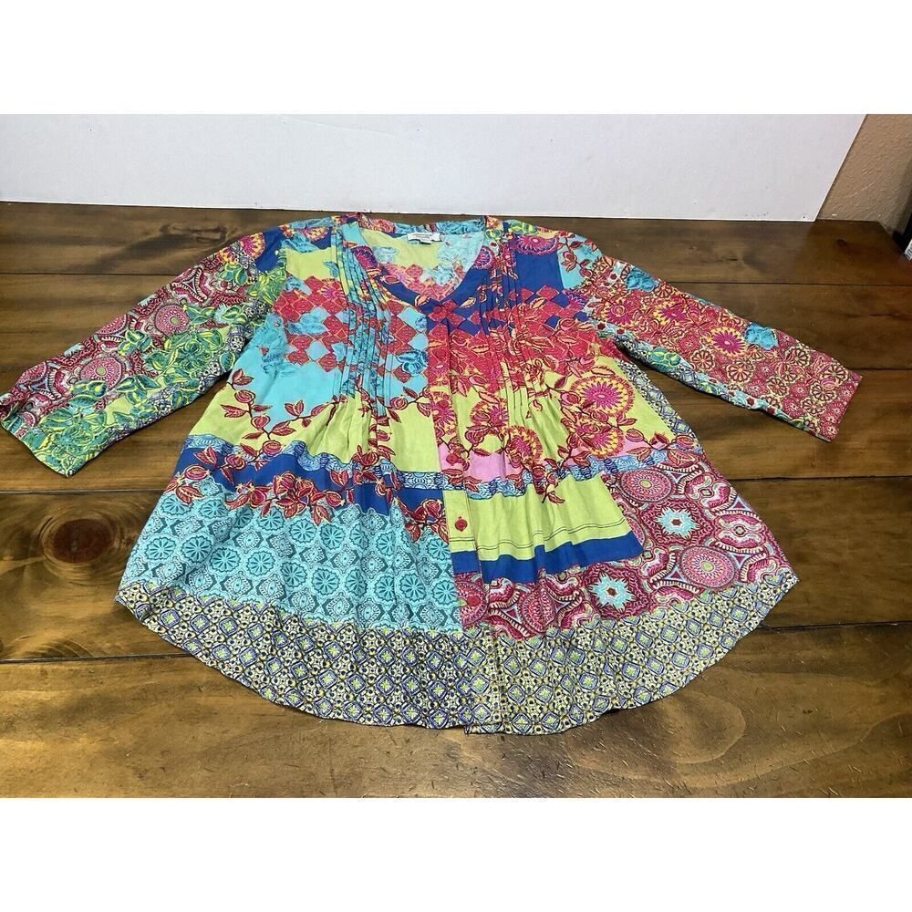 Orientique naturally Australian Pleated Patchwork Button Down Tunic Pockets L